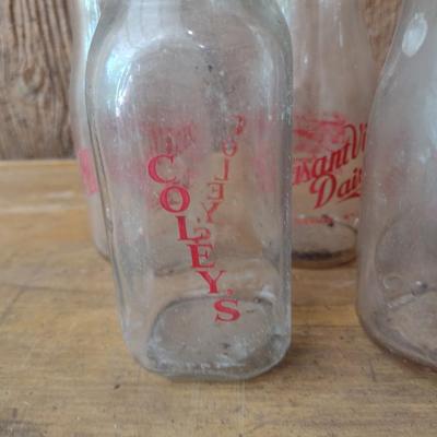 Set of Seven Vintage Painted Logo Dairy Glass Half Pint Milk Bottles Various Dairy Farms (#46)