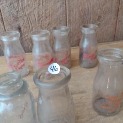 Set of Seven Vintage Painted Logo Dairy Glass Half Pint Milk Bottles Various Dairy Farms (#46)