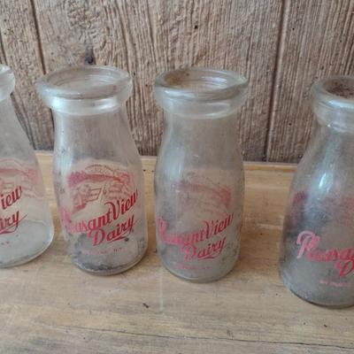 Set of Seven Vintage Painted Logo Dairy Glass Half Pint Milk Bottles Various Dairy Farms (#46)