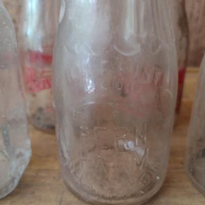 Set of Seven Vintage Painted Logo Dairy Glass Half Pint Milk Bottles Various Dairy Farms (#46)