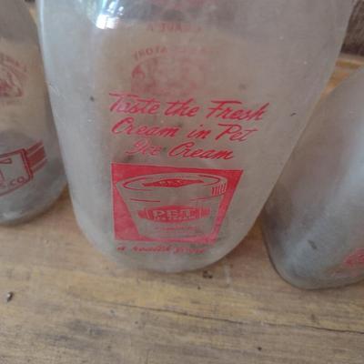 Set of Three Vintage Painted Logo Pet Dairy Glass Milk Bottles Various Sizes (#47)