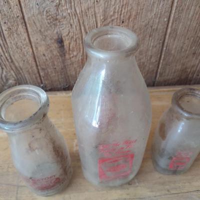 Set of Three Vintage Painted Logo Pet Dairy Glass Milk Bottles Various Sizes (#47)