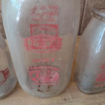 Set of Three Vintage Painted Logo Pet Dairy Glass Milk Bottles Various Sizes (#47)