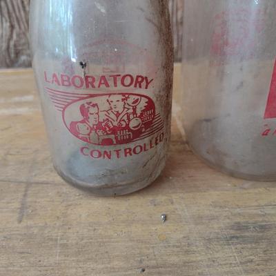 Set of Three Vintage Painted Logo Pet Dairy Glass Milk Bottles Various Sizes (#47)