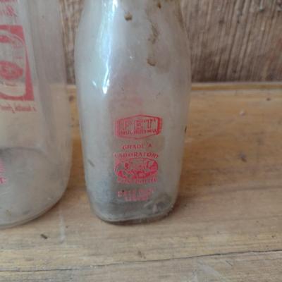 Set of Three Vintage Painted Logo Pet Dairy Glass Milk Bottles Various Sizes (#47)
