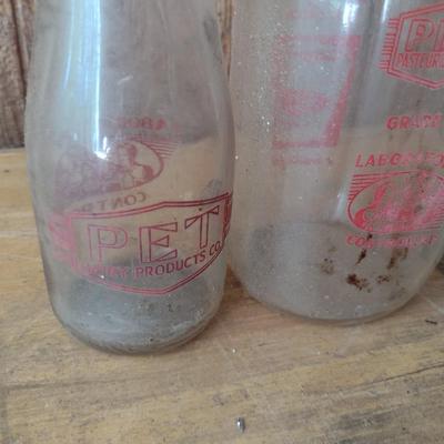 Set of Three Vintage Painted Logo Pet Dairy Glass Milk Bottles Various Sizes (#47)