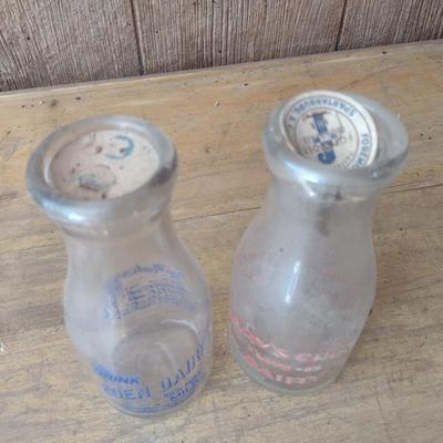 Pair of Vintage Painted Logo Dairy Half Pint Glass Milk Bottles Eden Dairy and Mary's Grove (#48)