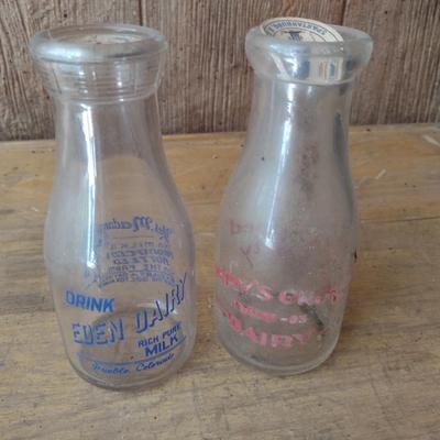 Pair of Vintage Painted Logo Dairy Half Pint Glass Milk Bottles Eden Dairy and Mary's Grove (#48)