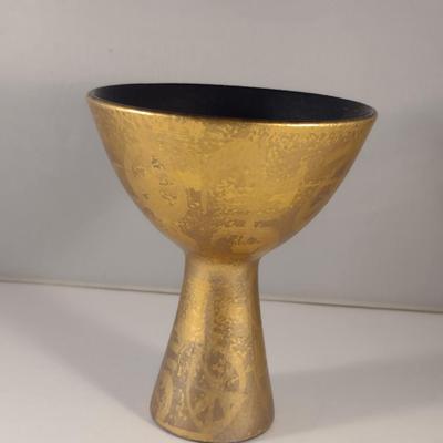 Sale Photo Thumbnail #117: Vintage Mid-Century Sascha Brastoff Pottery Chalice with Golden Art Design.  Signed by artist.  Possibly circa 1940.