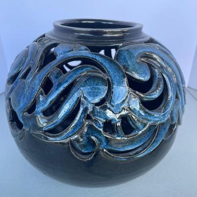 Blue/black Pierced Pottery Bowl Artist Made