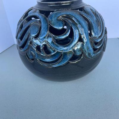 Blue/black Pierced Pottery Bowl Artist Made