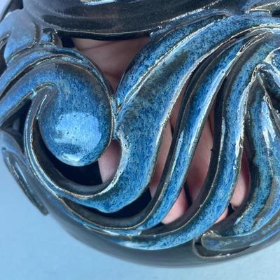 Blue/black Pierced Pottery Bowl Artist Made