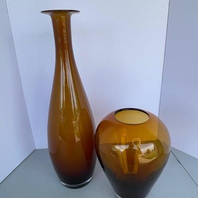 2 Amber Glass Vases