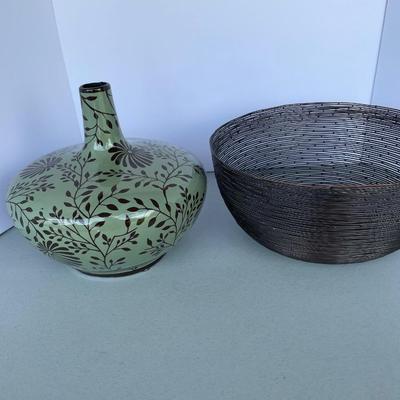 Floral Vase and Bronze Colored Wire Bowl