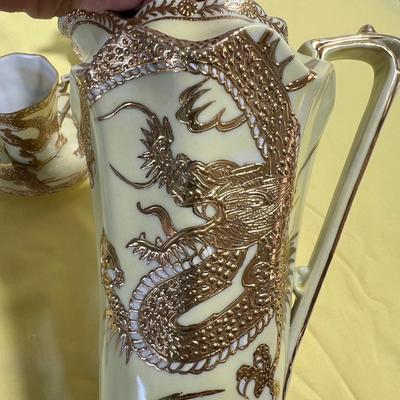 Not Marked Awesome Light Yellow & Gold Dragon Tea Set 