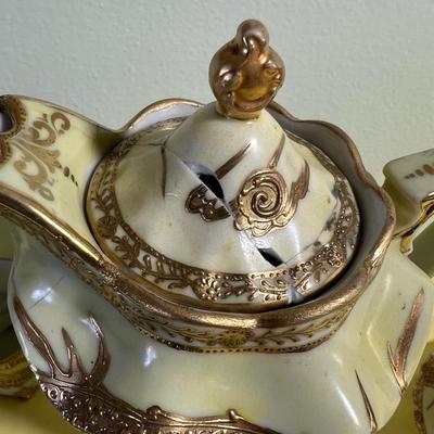 Not Marked Awesome Light Yellow & Gold Dragon Tea Set 