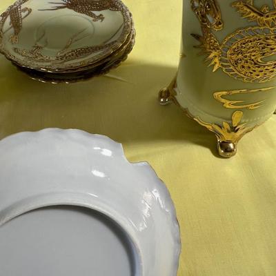 Not Marked Awesome Light Yellow & Gold Dragon Tea Set 