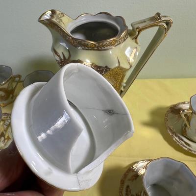 Not Marked Awesome Light Yellow & Gold Dragon Tea Set 