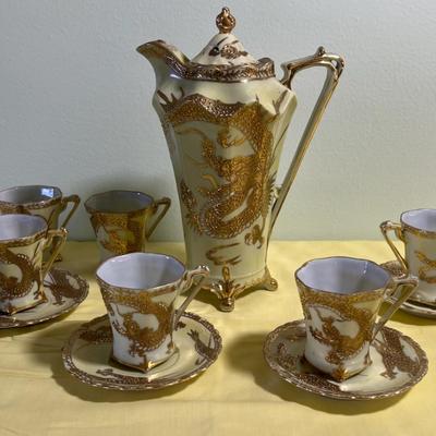 Not Marked Awesome Light Yellow & Gold Dragon Tea Set 