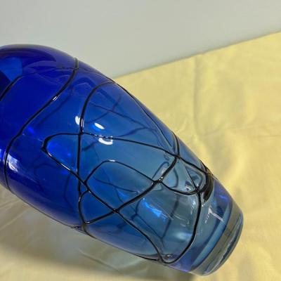 Hand Blown BLUE Glass Vase Etched signature 2002