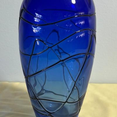 Hand Blown BLUE Glass Vase Etched signature 2002