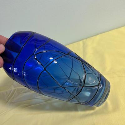 Hand Blown BLUE Glass Vase Etched signature 2002