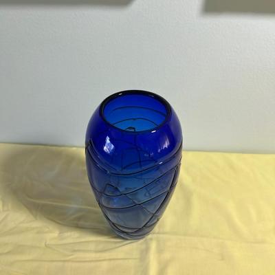 Hand Blown BLUE Glass Vase Etched signature 2002