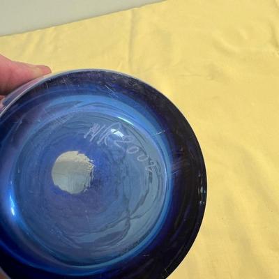 Hand Blown BLUE Glass Vase Etched signature 2002