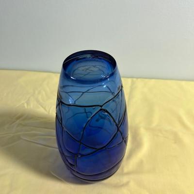 Hand Blown BLUE Glass Vase Etched signature 2002