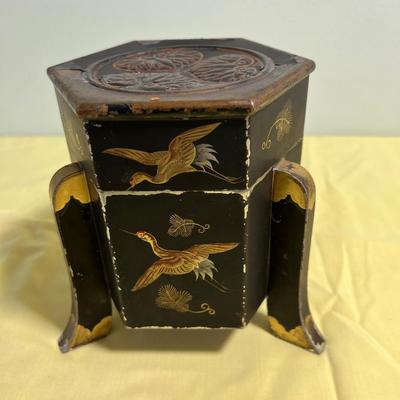 Japanese Tea Tin or Caddy Box Etched with Cranes