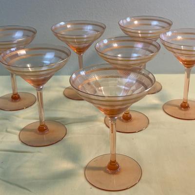 7 Pink Depression Era Gold Etched Martini Glasses