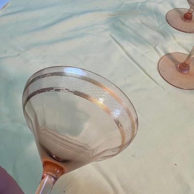 7 Pink Depression Era Gold Etched Martini Glasses