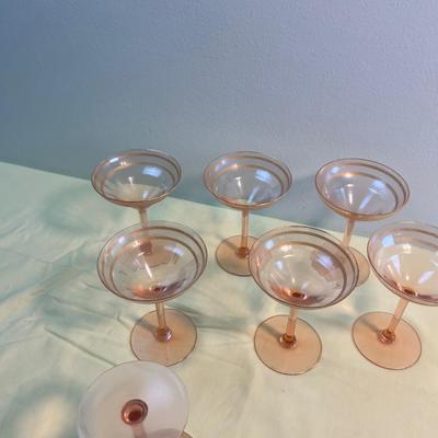 7 Pink Depression Era Gold Etched Martini Glasses