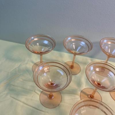 7 Pink Depression Era Gold Etched Martini Glasses