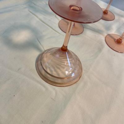 7 Pink Depression Era Gold Etched Martini Glasses
