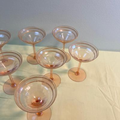 7 Pink Depression Era Gold Etched Martini Glasses