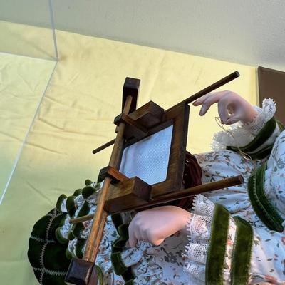 Hand made Porcelain Doll sewing a Sampler, w/ Plexiglass cover