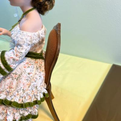 Hand made Porcelain Doll sewing a Sampler, w/ Plexiglass cover