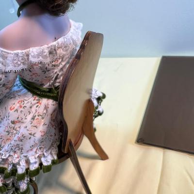 Hand made Porcelain Doll sewing a Sampler, w/ Plexiglass cover