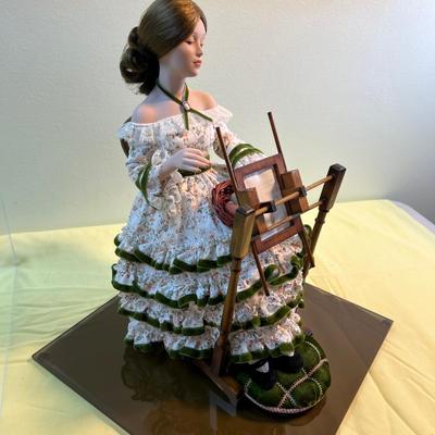 Hand made Porcelain Doll sewing a Sampler, w/ Plexiglass cover