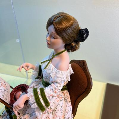 Hand made Porcelain Doll sewing a Sampler, w/ Plexiglass cover