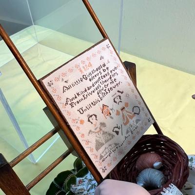 Hand made Porcelain Doll sewing a Sampler, w/ Plexiglass cover