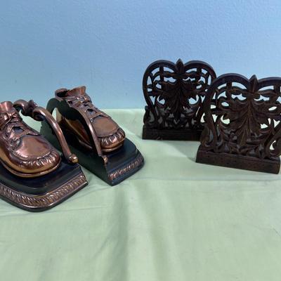 Bronze Baby Shoe and Carved Wood BOOKENDS (2) sets