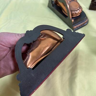 Bronze Baby Shoe and Carved Wood BOOKENDS (2) sets