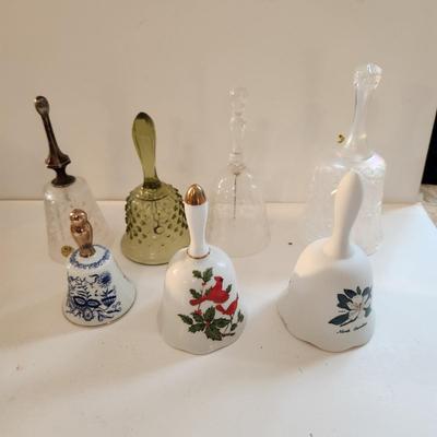 Lot of 7 Glass Bells Fenton, RCR Italian Crystal, Enesco, Lefton,