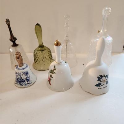 Lot of 7 Glass Bells Fenton, RCR Italian Crystal, Enesco, Lefton,