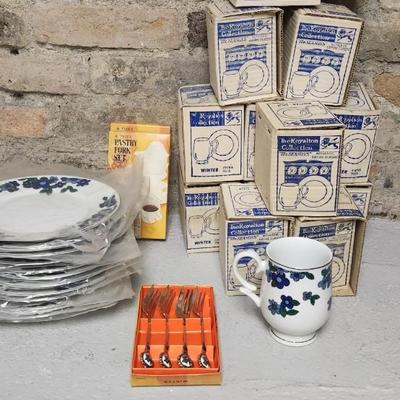 Sale Photo Thumbnail #452: Cute Royalton Winter set for 12. Complete with 12 cups, 12 dessert/luncheon plates and event pastry forks. All still in their boxes.