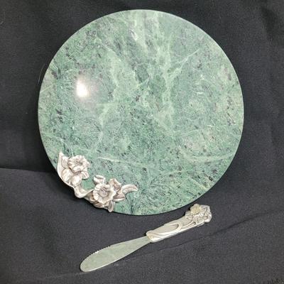 Pewter and Marble Cheese Tray and Crystal Glass (K-EL)