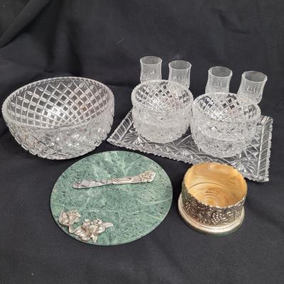 Pewter and Marble Cheese Tray and Crystal Glass (K-EL)
