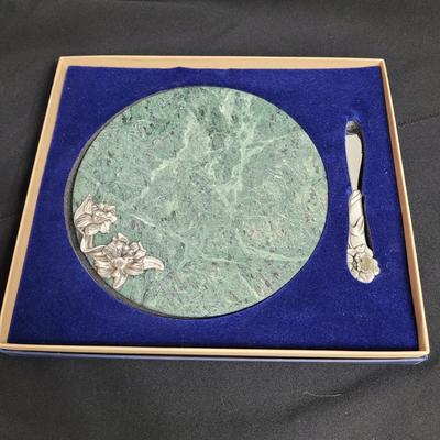 Pewter and Marble Cheese Tray and Crystal Glass (K-EL)